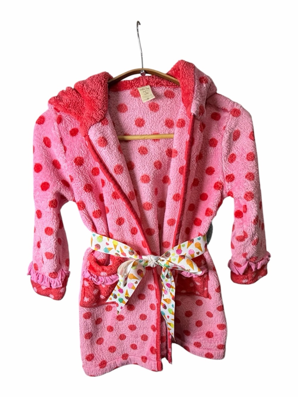 Matilda Jane Pink Plush Hooded Robe with Red Polka Dots. Size Small.